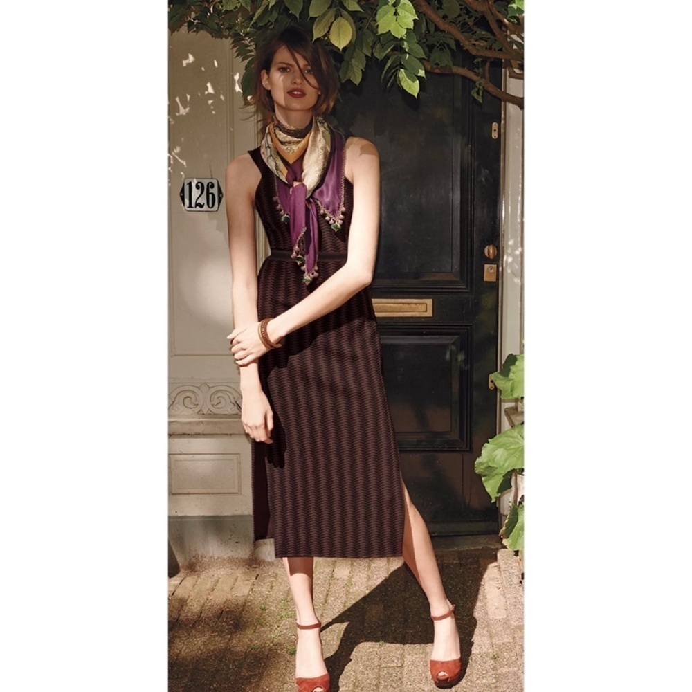 Anthropologie Maeve Meridian Midi Striped Quilted Brown Black Dress NWT